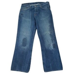 Lucky Brand ~Men's 36"×30"~ Blue Denim Slim Bootleg Dungarees Jeans Distressed.